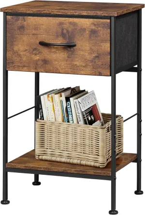 WLIVE Nightstand, Bedside Side Table for Bedroom, Dorm with Steel Frame, Night Stand End Table with Fabric Storage Drawer, Easy Assembly, Rustic Brown Wood Grain Print, 11.73''D 15.67''W 25.03" H