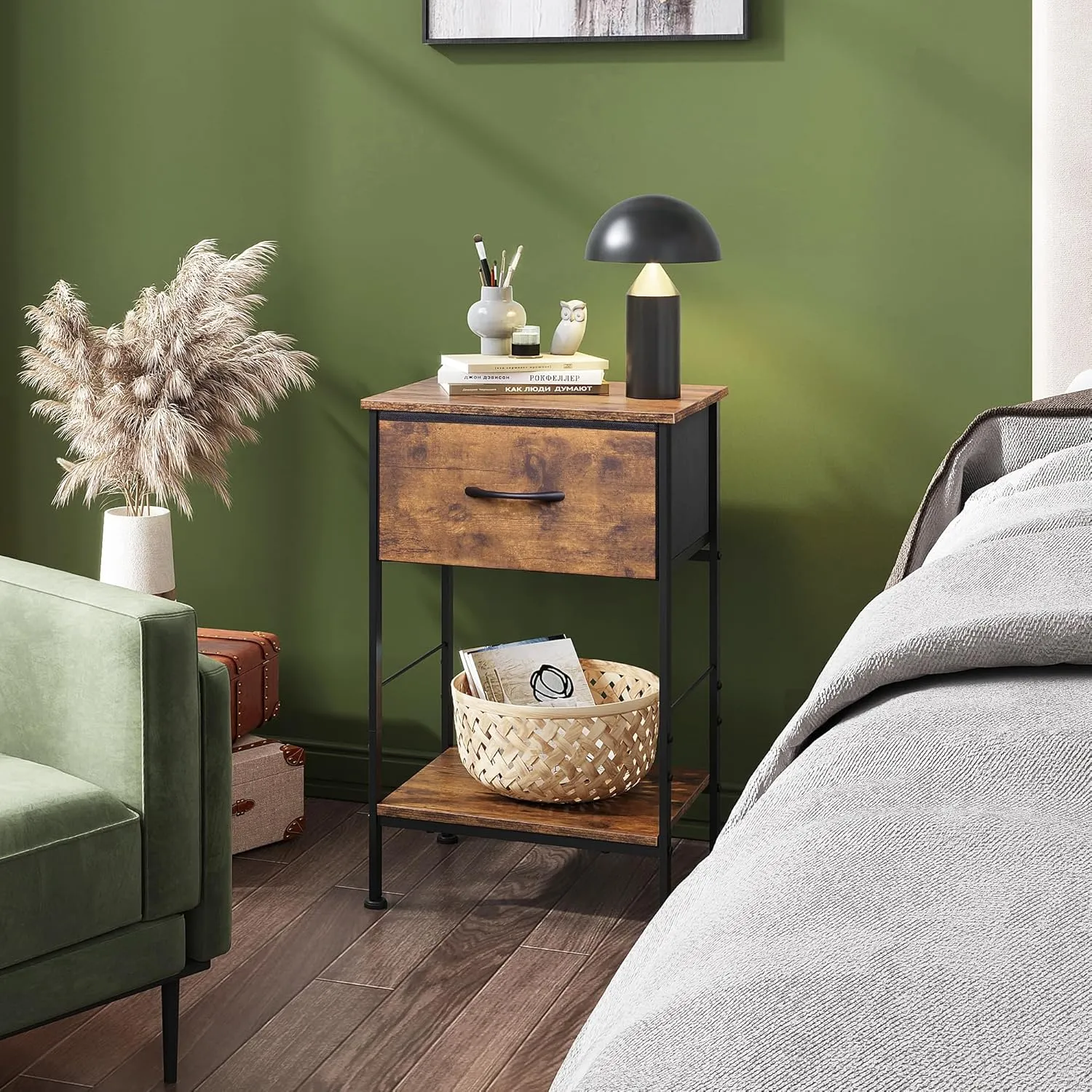 WLIVE Nightstand, Bedside Side Table for Bedroom, Dorm with Steel Frame, Night Stand End Table with Fabric Storage Drawer, Easy Assembly, Rustic Brown Wood Grain Print, 11.73''D 15.67''W 25.03" H