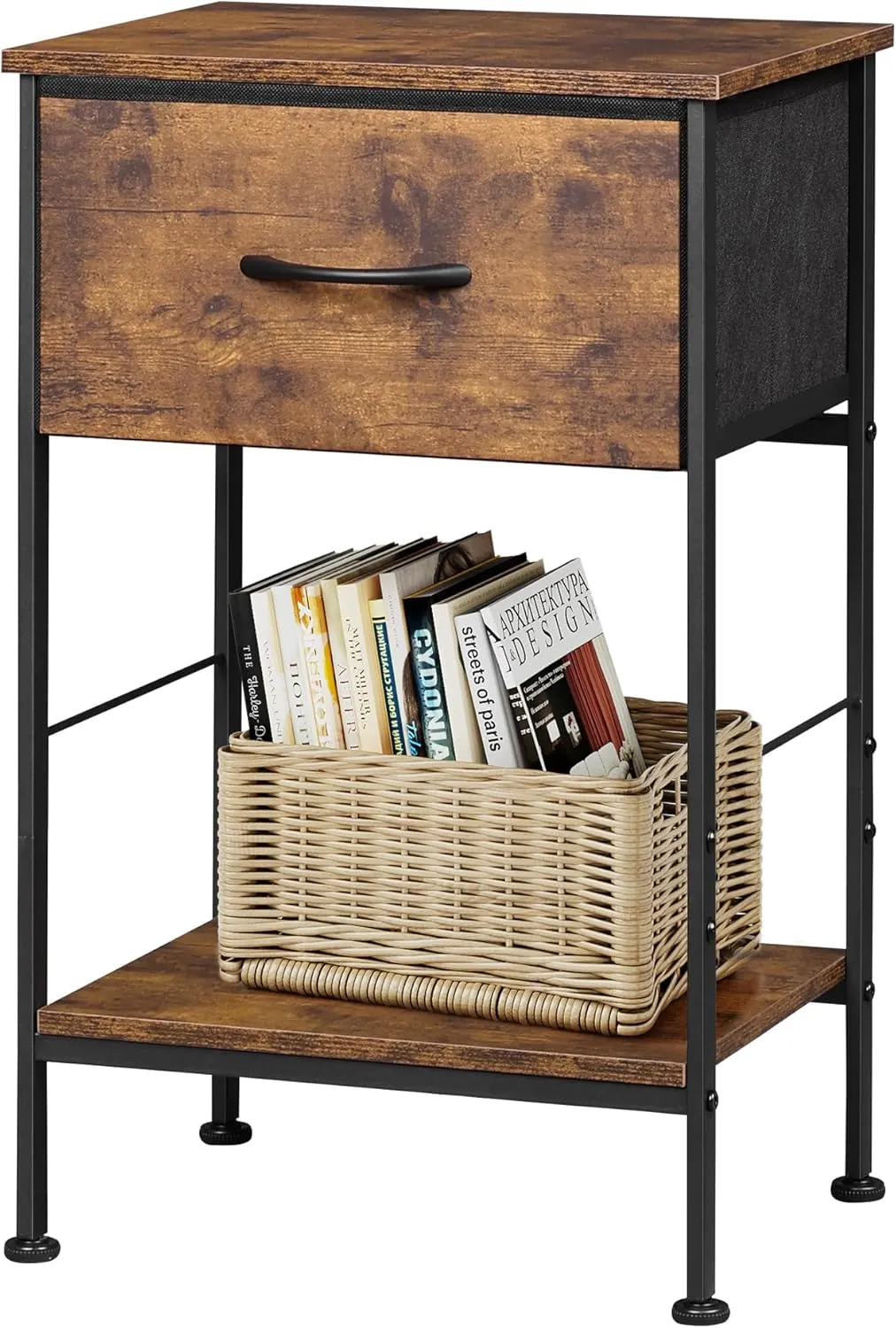 WLIVE Nightstand, Bedside Side Table for Bedroom, Dorm with Steel Frame, Night Stand End Table with Fabric Storage Drawer, Easy Assembly, Rustic Brown Wood Grain Print, 11.73''D 15.67''W 25.03" H