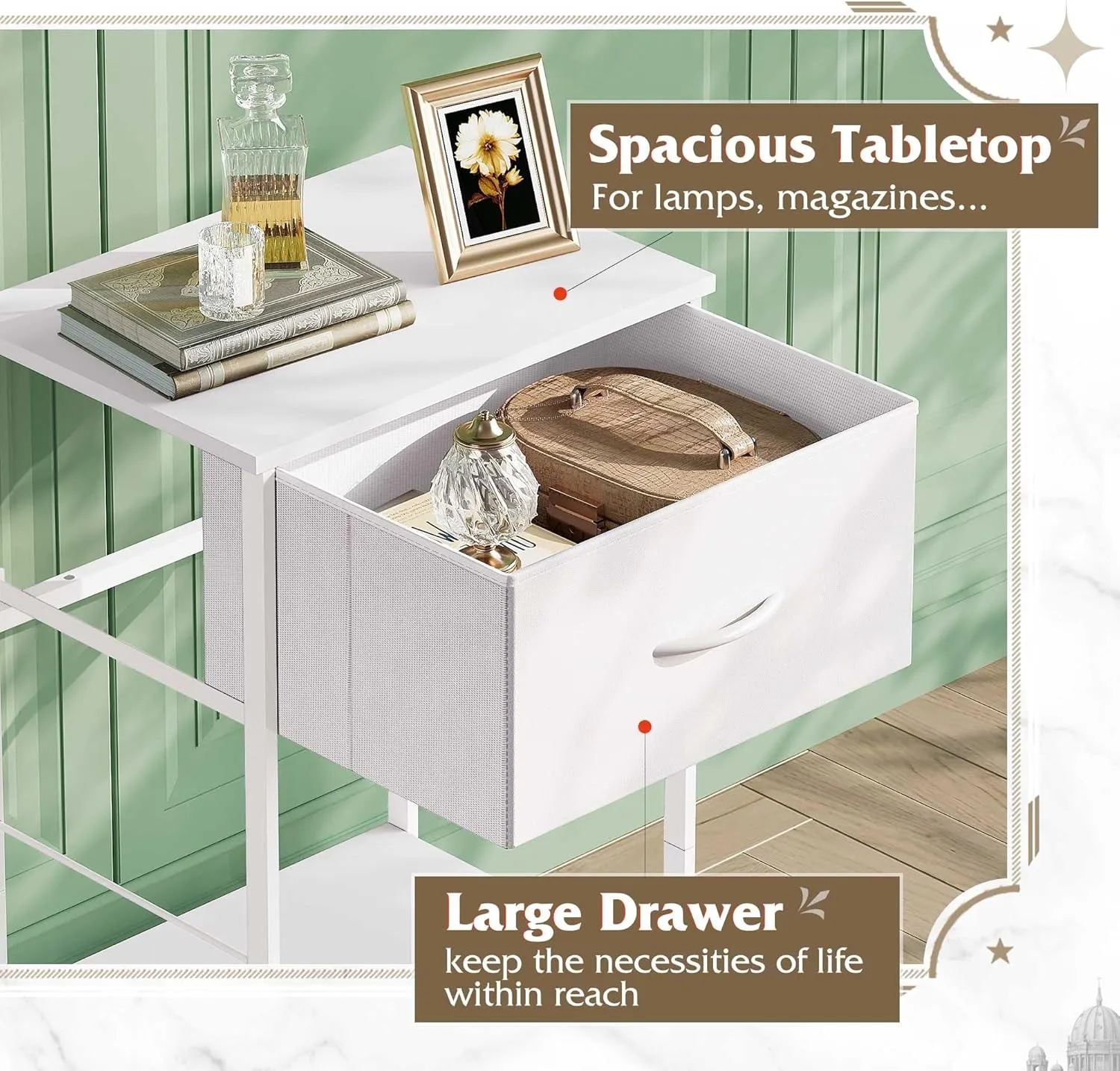 WLIVE White Nightstand, Night Stand with Fabric Storage Drawer and Open Wood Shelf, Small End Side Table, Bedside Table for Bedroom, Dorm, Easy Assembly, 25.03" Height