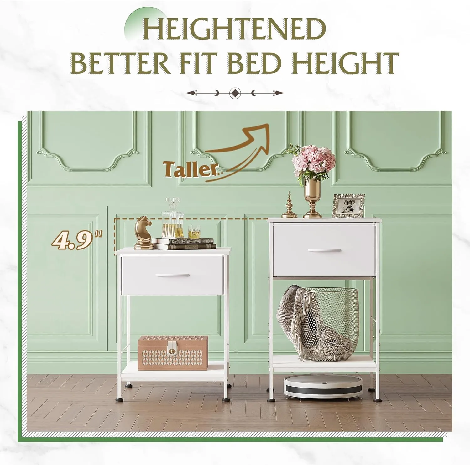 WLIVE White Nightstand, Night Stand with Fabric Storage Drawer and Open Wood Shelf, Small End Side Table, Bedside Table for Bedroom, Dorm, Easy Assembly, 25.03" Height