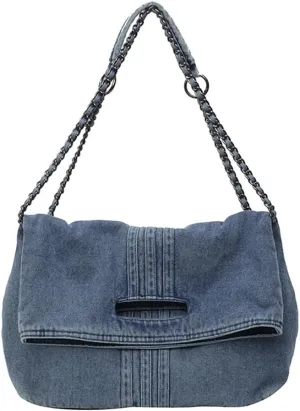 Women Denim Shoulder Handbag Retro Crossbody Bag Large Capacity Tote Purse Chain Strap Underarm Bag