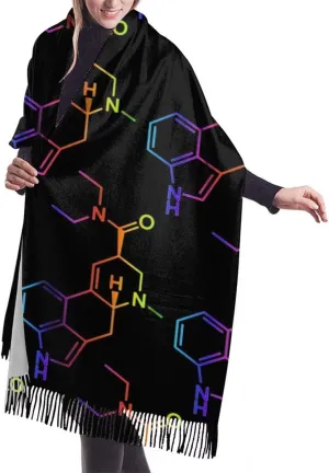 Women Girls Luxury Premium Molecule Acid Psychedelic Chemistry Cashmere Pashmina Scarf Super Soft Large Warm Thick Scarves Elegant Dress Shawl Wrap For Wedding Party Travel