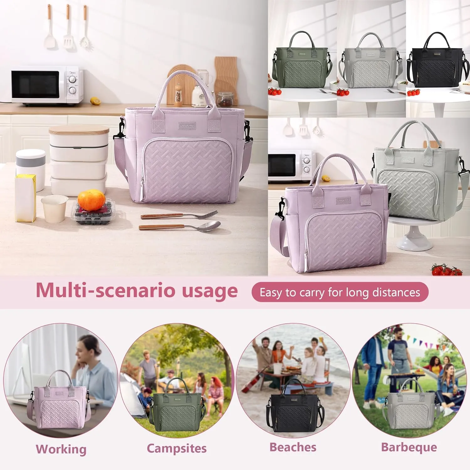 Women Large Lunch Bag Reusable, Lunch Cooler Bag Women Insulated Leak Proof Lunch Box, Lunch Tote with Removable Shoulder Strap and Side Pockets (Black)