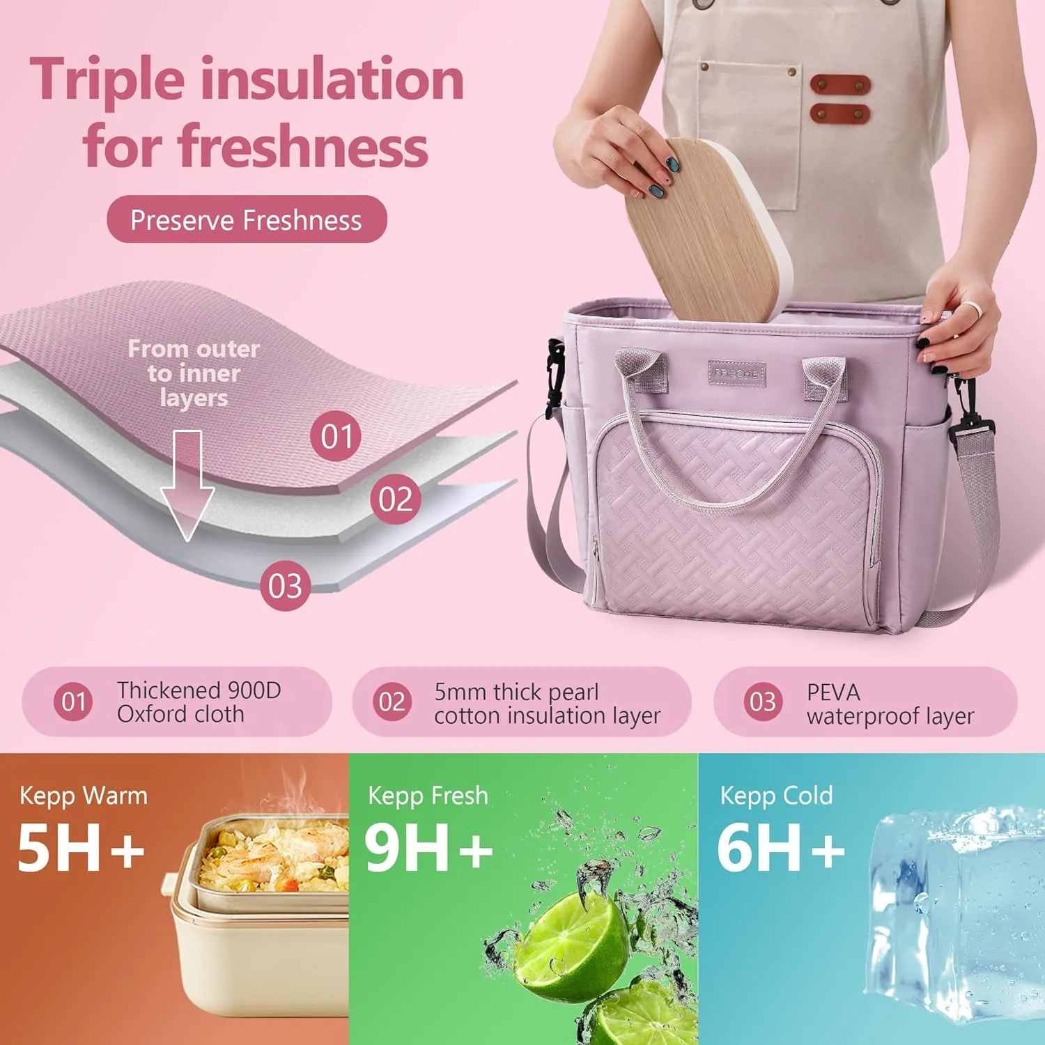 Women Large Lunch Bag Reusable, Lunch Cooler Bag Women Insulated Leak Proof Lunch Box, Lunch Tote with Removable Shoulder Strap and Side Pockets (Black)