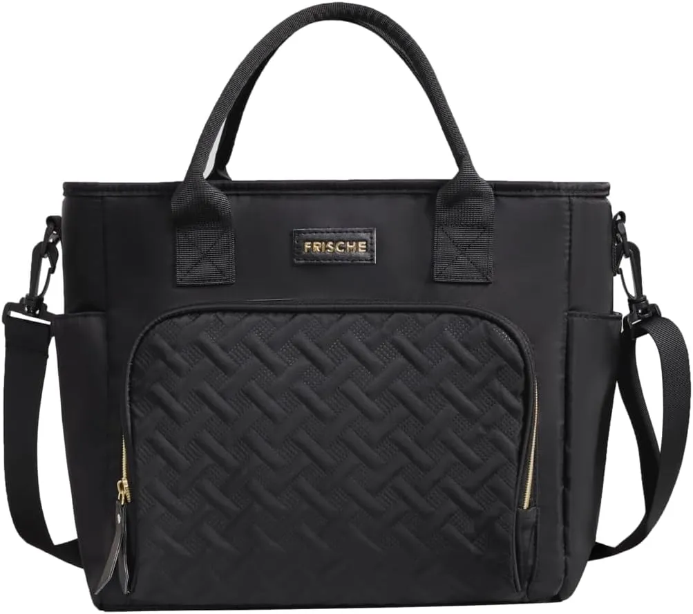 Women Large Lunch Bag Reusable, Lunch Cooler Bag Women Insulated Leak Proof Lunch Box, Lunch Tote with Removable Shoulder Strap and Side Pockets (Black)