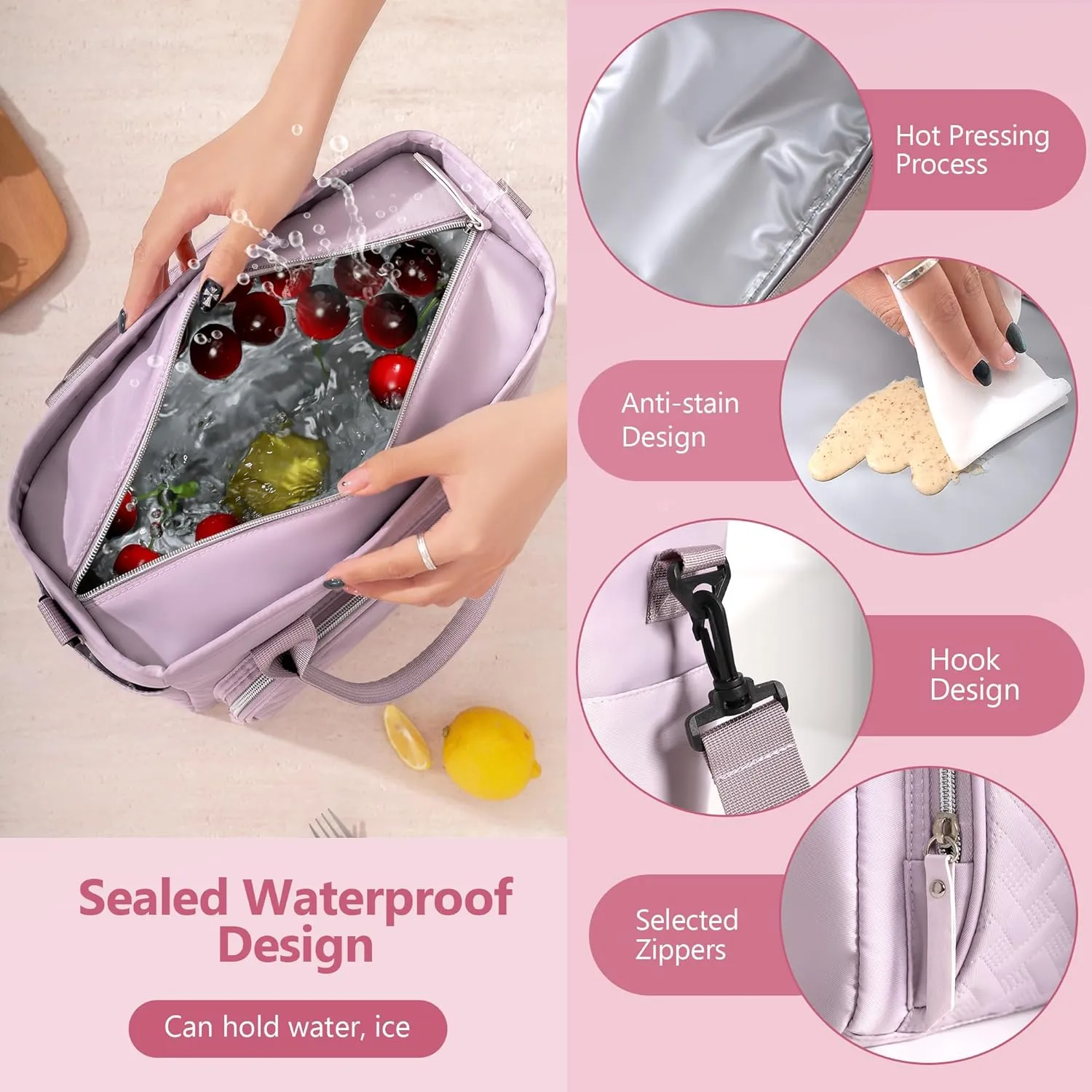 Women Large Lunch Bag Reusable, Lunch Cooler Bag Women Insulated Leak Proof Lunch Box, Lunch Tote with Removable Shoulder Strap and Side Pockets (Black)