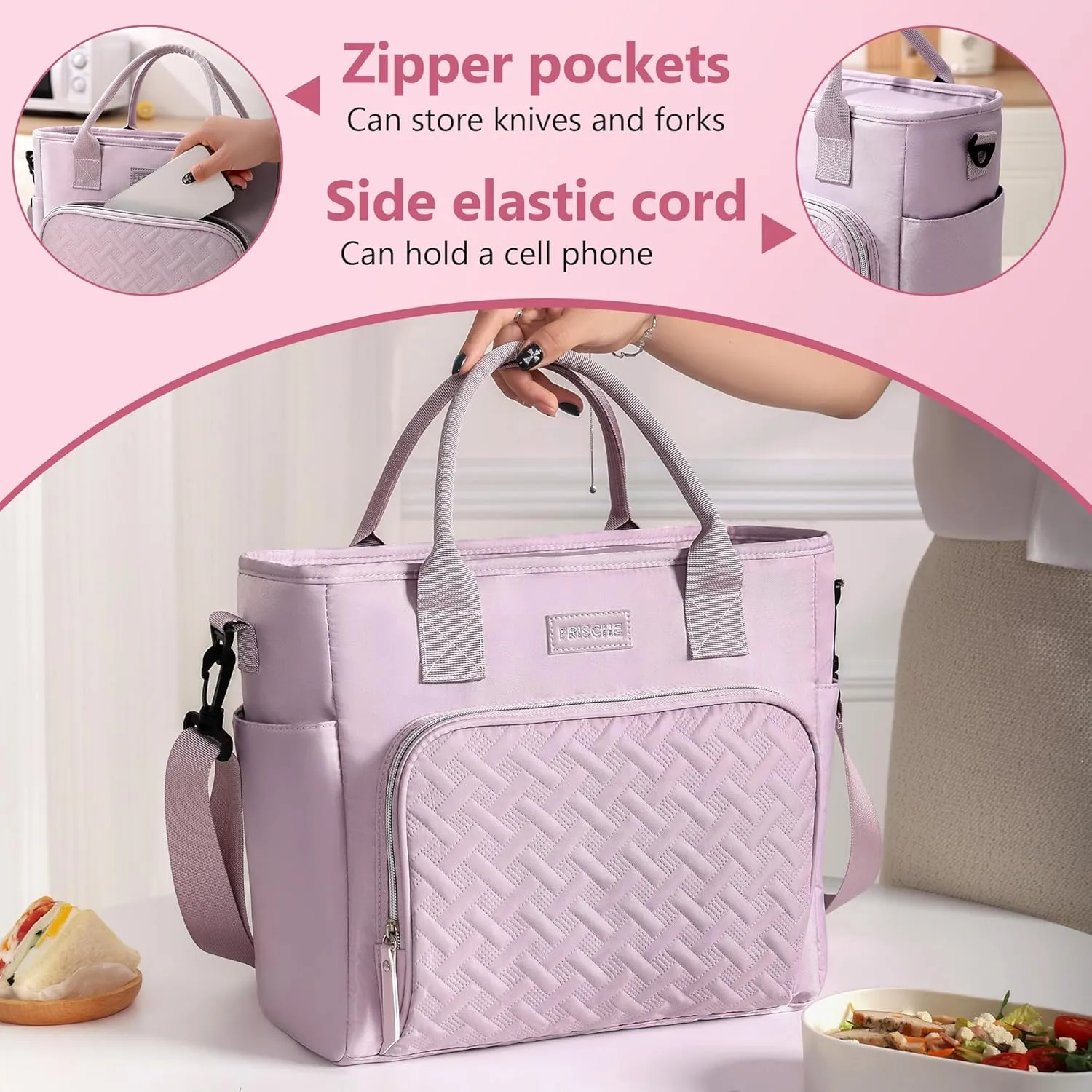 Women Large Lunch Bag Reusable, Lunch Cooler Bag Women Insulated Leak Proof Lunch Box, Lunch Tote with Removable Shoulder Strap and Side Pockets (Black)