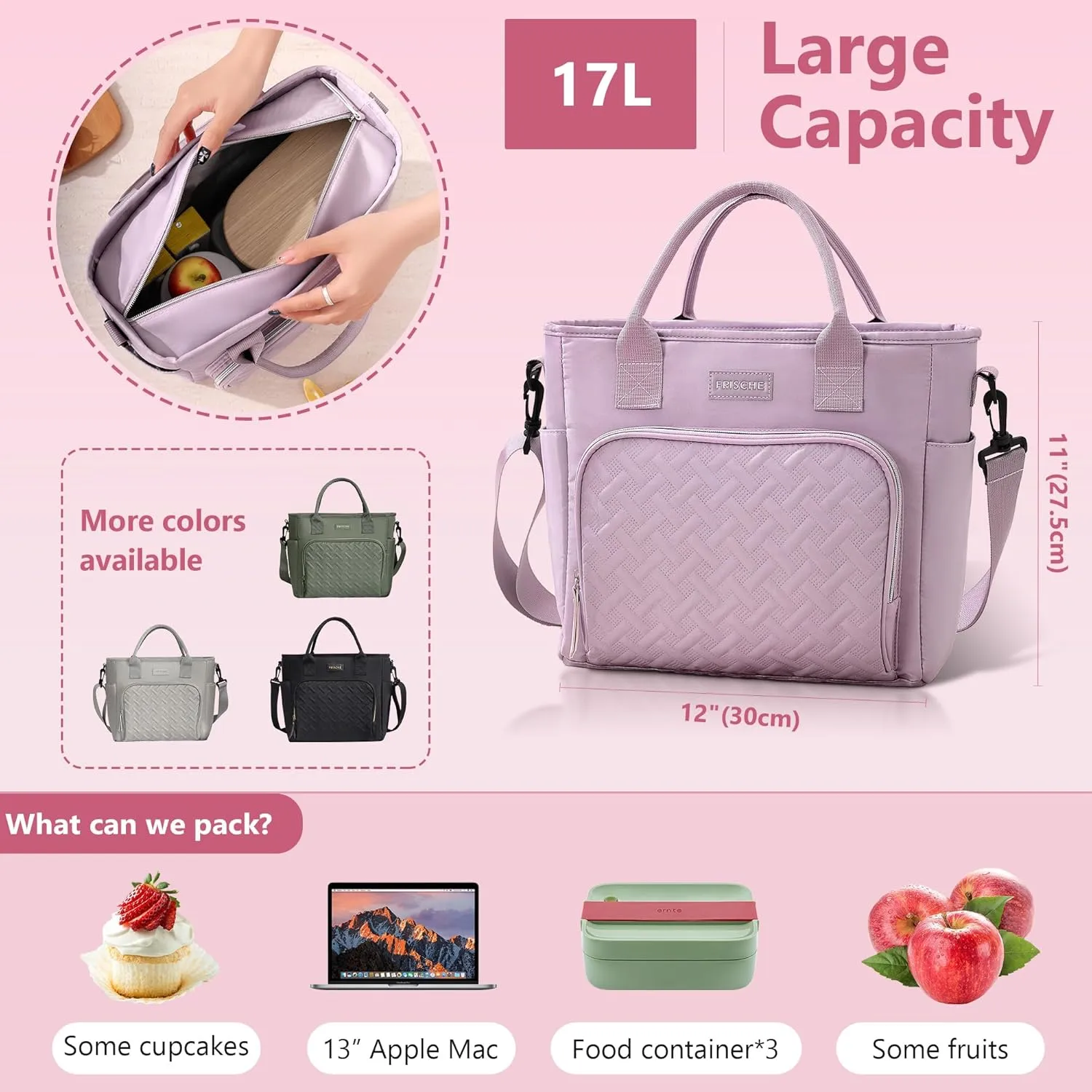 Women Large Lunch Bag Reusable, Lunch Cooler Bag Women Insulated Leak Proof Lunch Box, Lunch Tote with Removable Shoulder Strap and Side Pockets (Black)