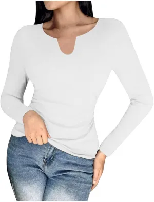 Women's 2025 Spring Long Sleeve T Shirts with Built in Bras Long Sleeve v Neck Tight Tops Casual Basic Tunic Blouse