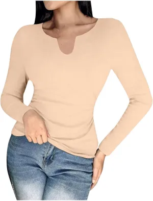 Women's 2025 Spring Long Sleeve T Shirts with Built in Bras Long Sleeve v Neck Tight Tops Casual Basic Tunic Blouse