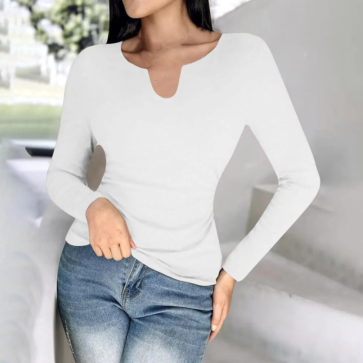 Women's 2025 Spring Long Sleeve T Shirts with Built in Bras Long Sleeve v Neck Tight Tops Casual Basic Tunic Blouse