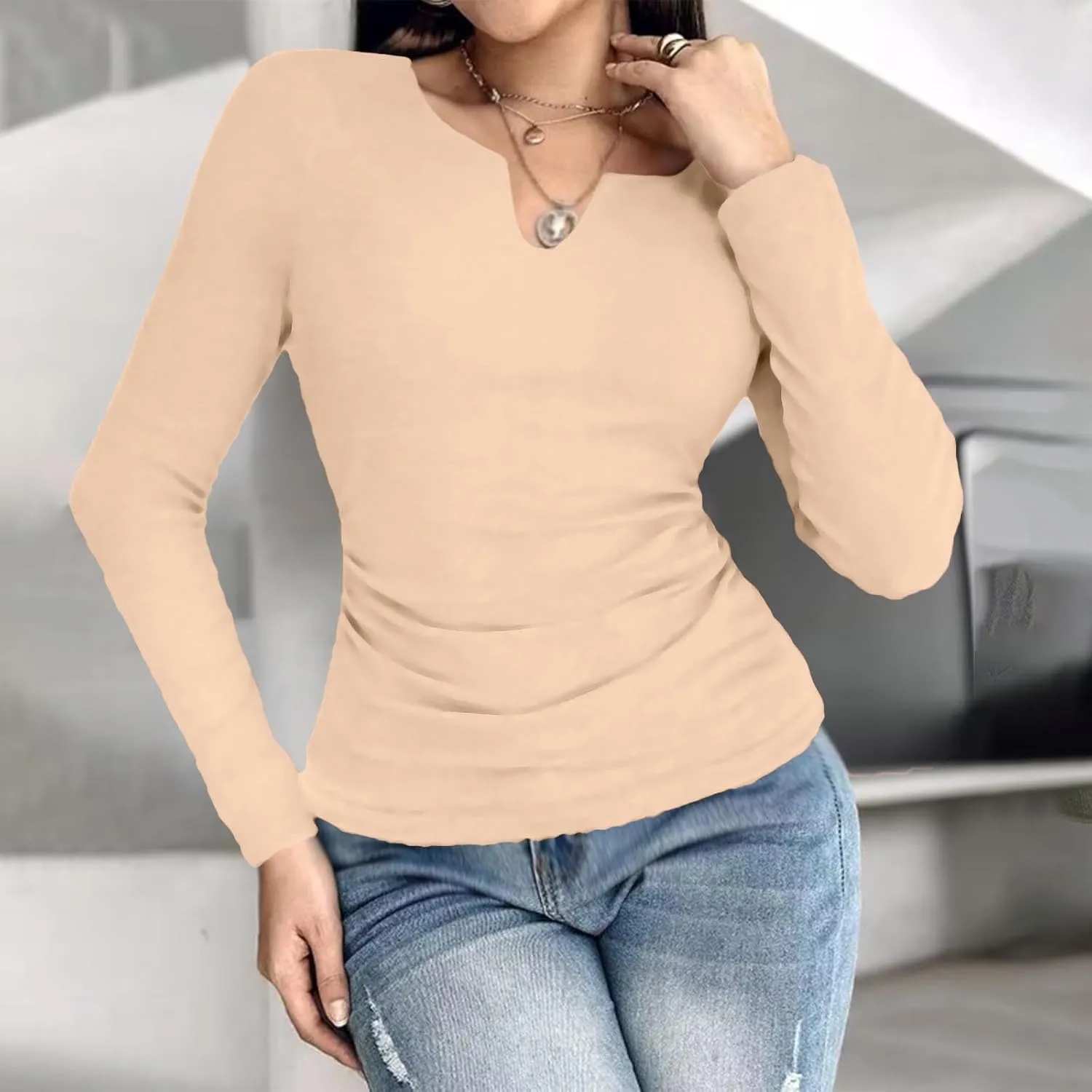 Women's 2025 Spring Long Sleeve T Shirts with Built in Bras Long Sleeve v Neck Tight Tops Casual Basic Tunic Blouse