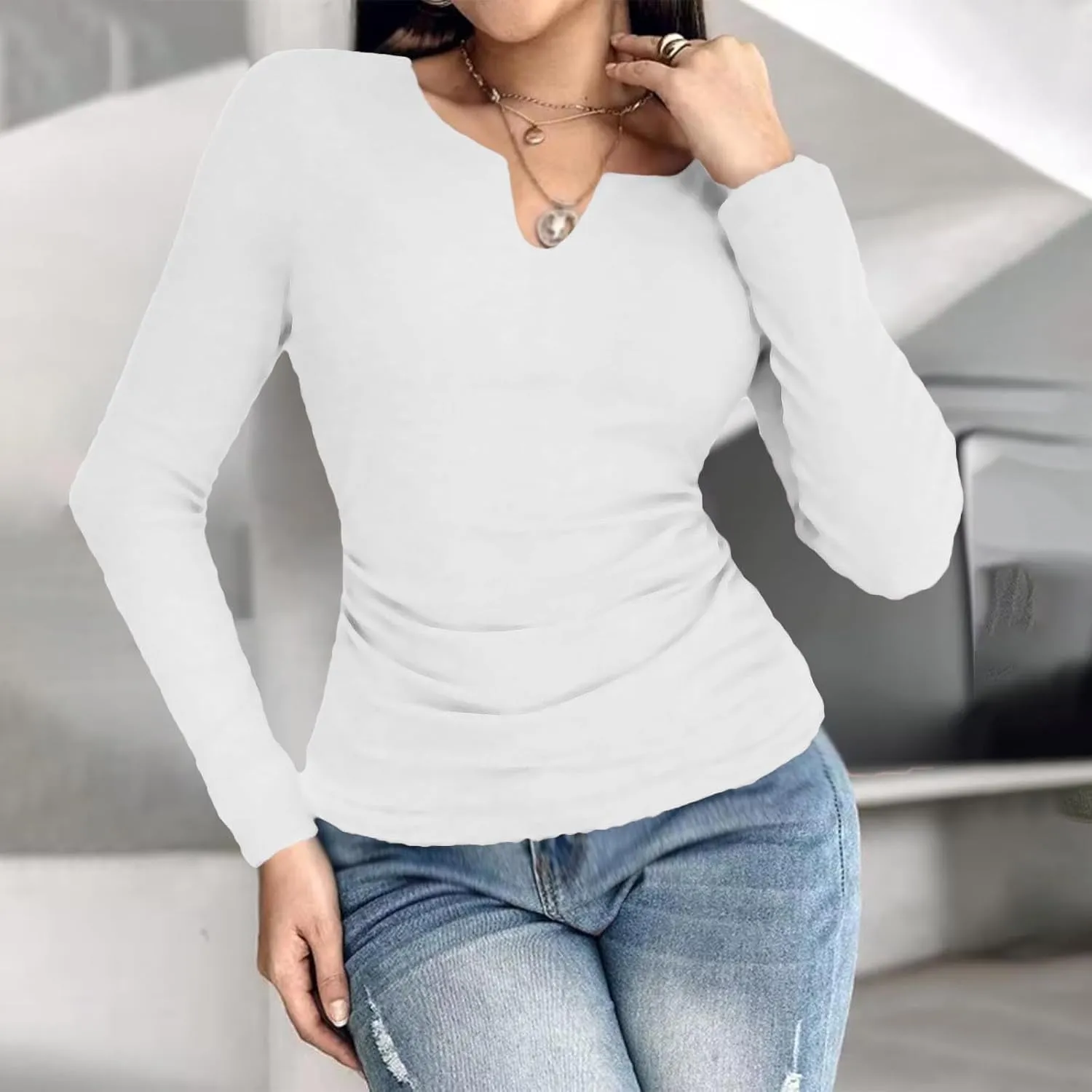 Women's 2025 Spring Long Sleeve T Shirts with Built in Bras Long Sleeve v Neck Tight Tops Casual Basic Tunic Blouse