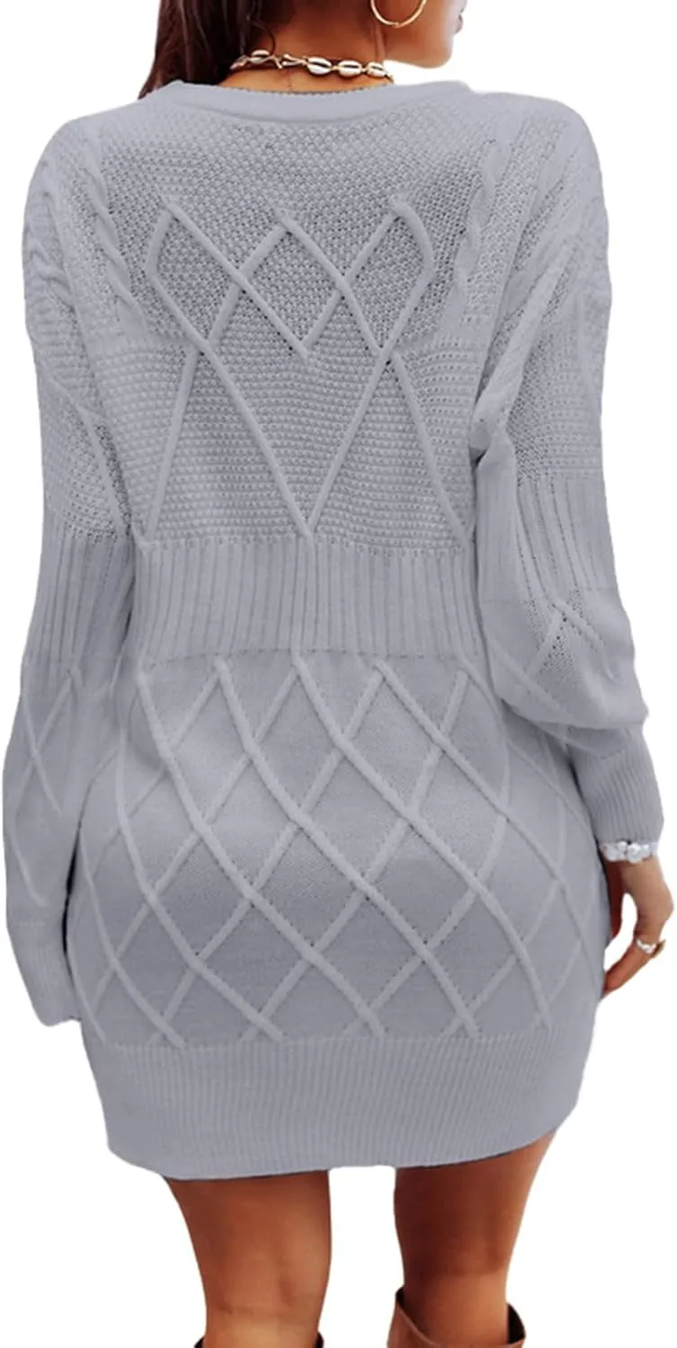 Women's Fashion Sweater Fashion Knitted Skinny Striped Sweater Dress Tunic Solid Round Neck Wide Hem Top Cozy Outfits