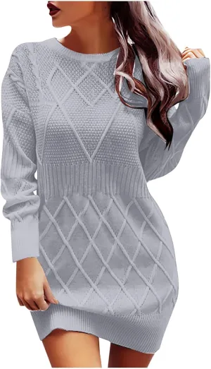 Women's Fashion Sweater Fashion Knitted Skinny Striped Sweater Dress Tunic Solid Round Neck Wide Hem Top Cozy Outfits