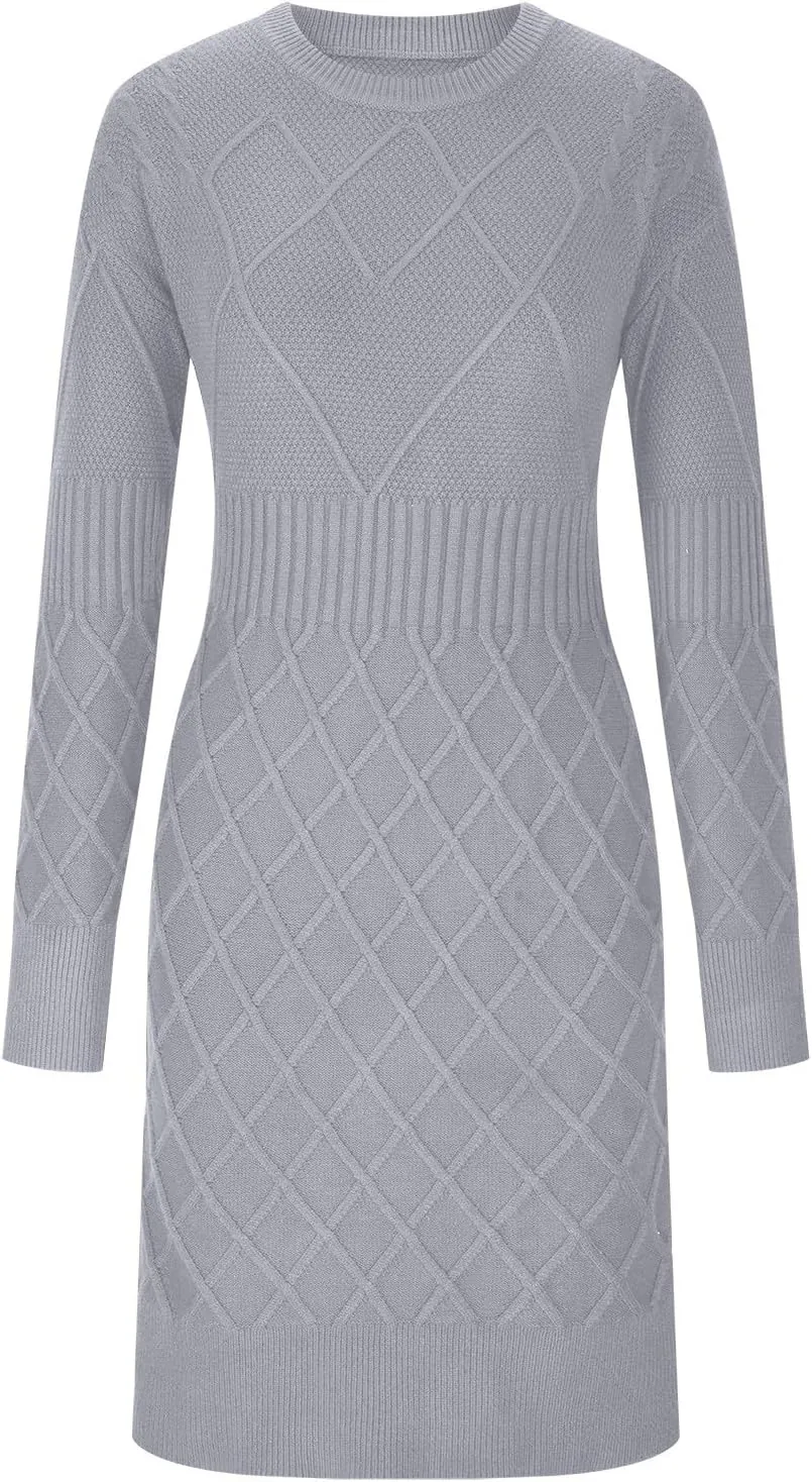Women's Fashion Sweater Fashion Knitted Skinny Striped Sweater Dress Tunic Solid Round Neck Wide Hem Top Cozy Outfits