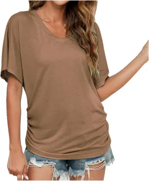 Women's Short Sleeve Shirts Dressy Casual Summer Tops 2025 Trendy Blouses Solid Color Cute Pullover T-Shirts