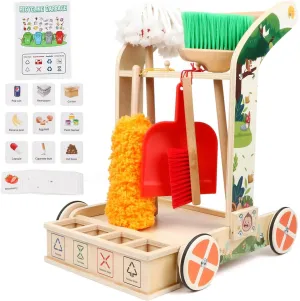 Wooden Baby Push and Pull Walker Kids Cleaning Cart Set for Toddlers Montessori Walker Cleaning Toys with Broom Mop Dustpan Duster Detachable Pretend Playing Tools for Boys Girls Adjustable Speed