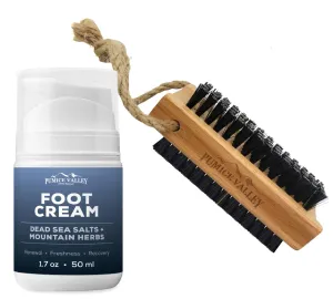Wooden Cleaning Finger Nail Brush with Nylon Charcoal Bristles & Hanging Rope - Foot Cream for Dry Cracked Feet and Heels Dead Sea Salts, Shilajit, Mountain Herbs 1.7 Oz