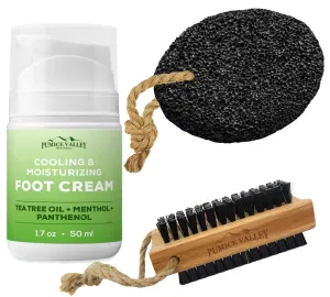 Wooden Cleaning Finger Nail Brush with Nylon Charcoal Bristles & Hanging Rope -Pumice Stone - Foot Cream for Dry Cracked Feet and Heels Panthenol, Tea Tree Oil, Menthol 1.7 Oz