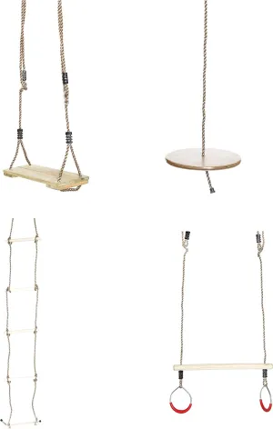 Wooden Tree Swing with 4 Ropes, Climbing Rope Ladder and Swing Seat