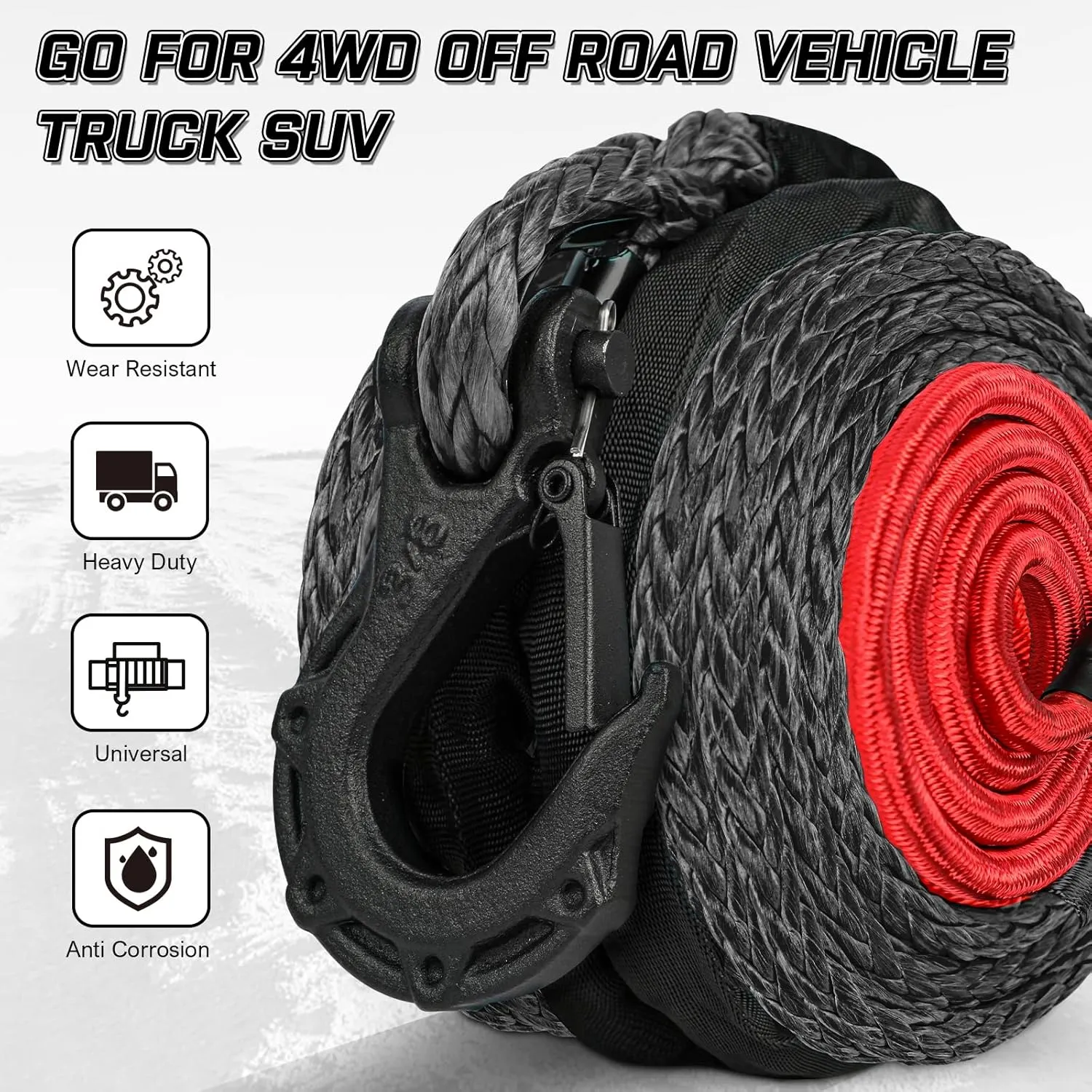 X-BULL Synthetic Winch Rope - Cable Kit -1/2" X 85ft 32000LBS Winch Line with Protective Sleeve Forged Winch Hook Safety Pull Strap go for 4WD Off Road Vehicle Truck SUV ATV UTV- Black