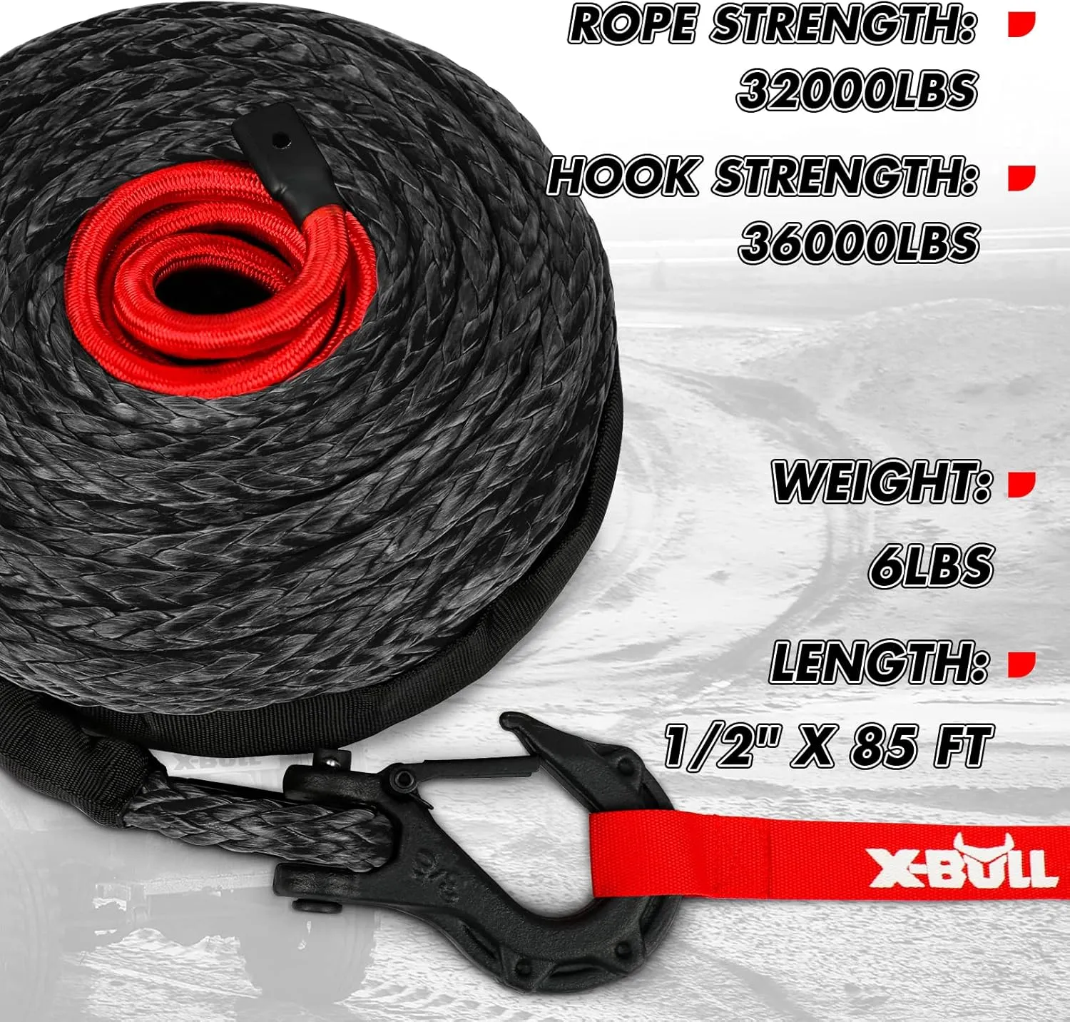 X-BULL Synthetic Winch Rope - Cable Kit -1/2" X 85ft 32000LBS Winch Line with Protective Sleeve Forged Winch Hook Safety Pull Strap go for 4WD Off Road Vehicle Truck SUV ATV UTV- Black