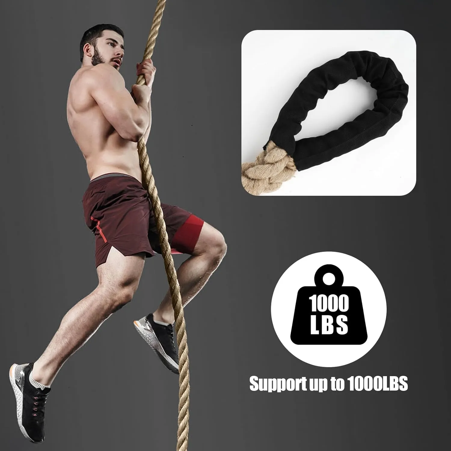 X XBEN Climbing Rope for Gym, Fitness, Strength Training, Heavy Jute Rope for Tree Swing Obstacle Course Backyard, Exercise Workout Pulling Jute Rope for Adults,10FT 20FT 30FT 50FT 1.5 Inch