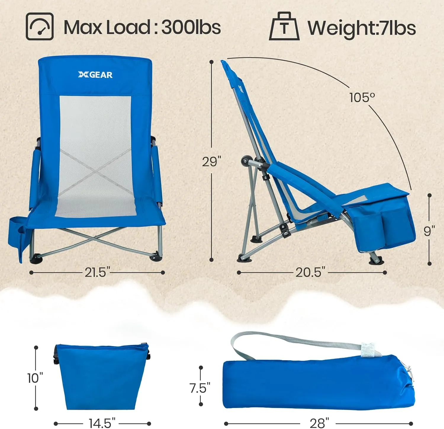 XGEAR Beach Chair Sturdy Beach Chairs for Adults 2-Pack with Cooler Bag, High Back Camping Chair with Side Pocket, Cup Holder & Carry Bag, for Outdoor Sand-Blue