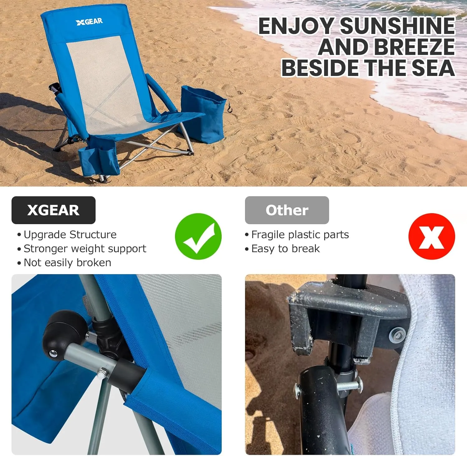 XGEAR Beach Chair Sturdy Beach Chairs for Adults 2-Pack with Cooler Bag, High Back Camping Chair with Side Pocket, Cup Holder & Carry Bag, for Outdoor Sand-Blue