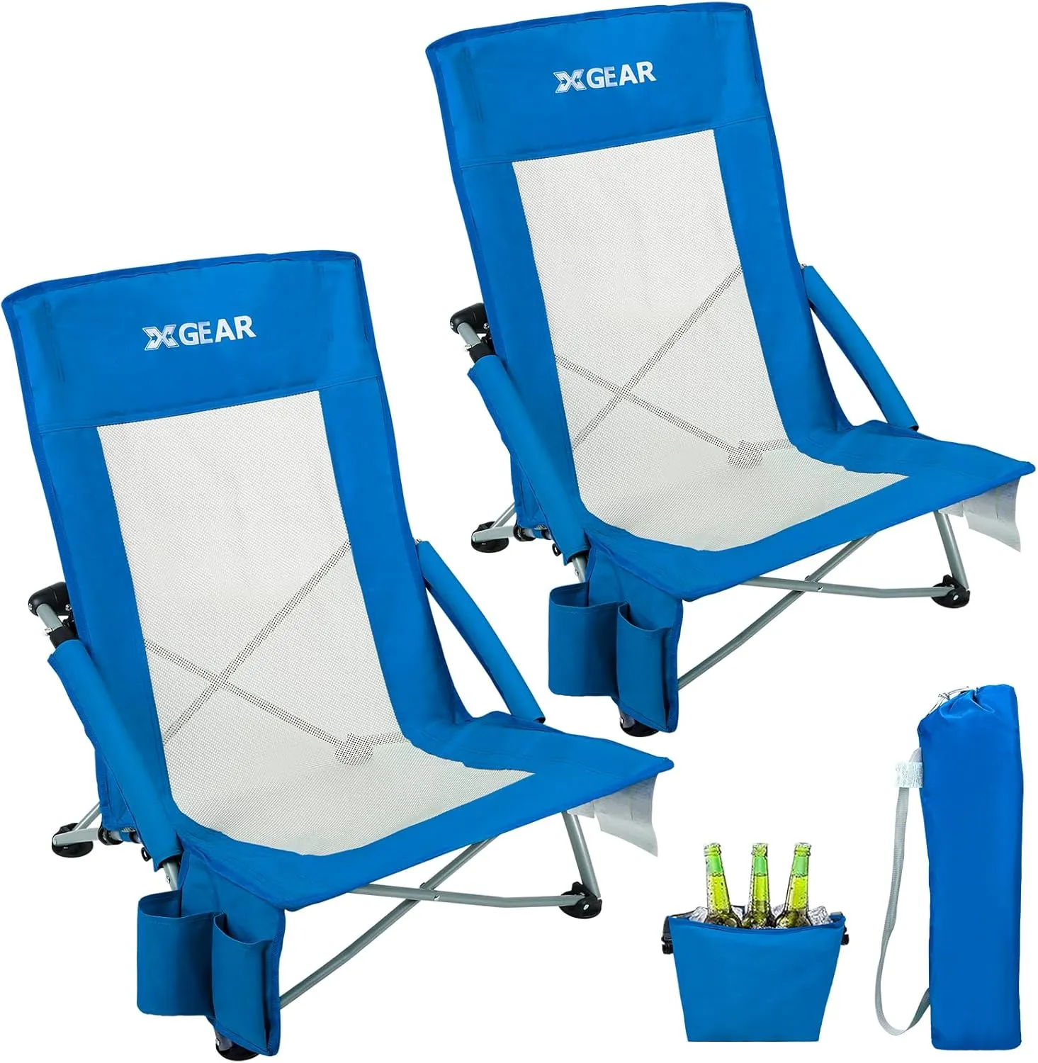 XGEAR Beach Chair Sturdy Beach Chairs for Adults 2-Pack with Cooler Bag, High Back Camping Chair with Side Pocket, Cup Holder & Carry Bag, for Outdoor Sand-Blue