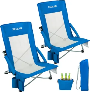 XGEAR Beach Chair Sturdy Beach Chairs for Adults 2-Pack with Cooler Bag, High Back Camping Chair with Side Pocket, Cup Holder & Carry Bag, for Outdoor Sand-Blue