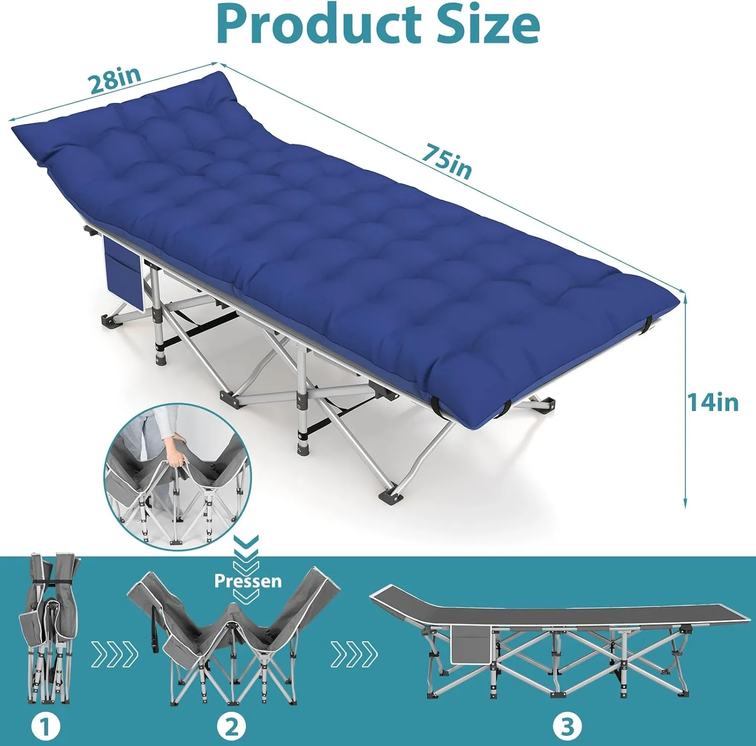 XXL Camping Cot, Camping Bed W/Mattress, 600LBS(Max Load), Portable Folding Outdoor Bed with Carry Bag for Adults Kids, Sleeping Cot Heavy Duty Cot for Traveling, Office Nap, Beach Vocation and Home