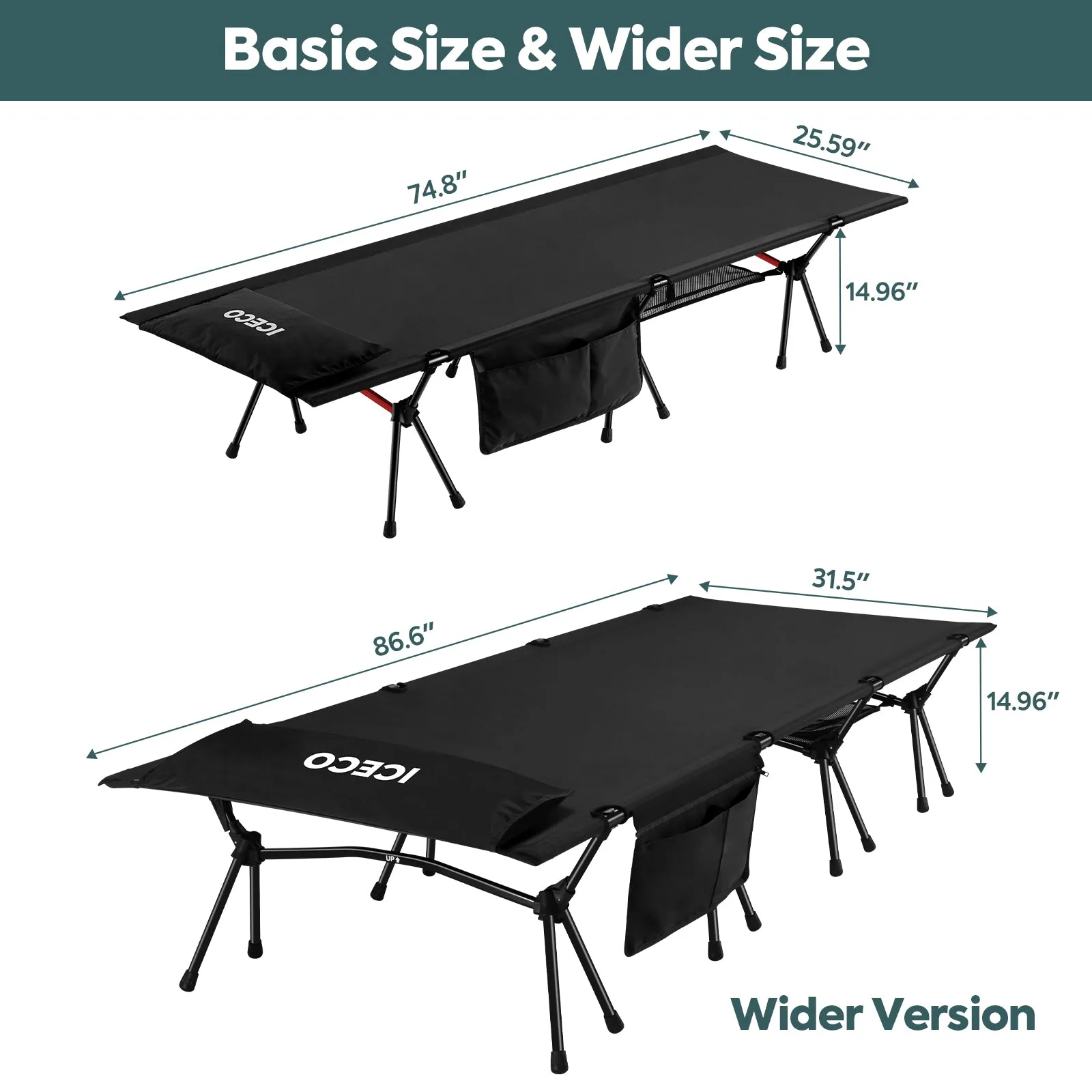 XXL Size Camping Cot for Adults, Folding Cot, Portable Bed Sleeping Cot | ICECO