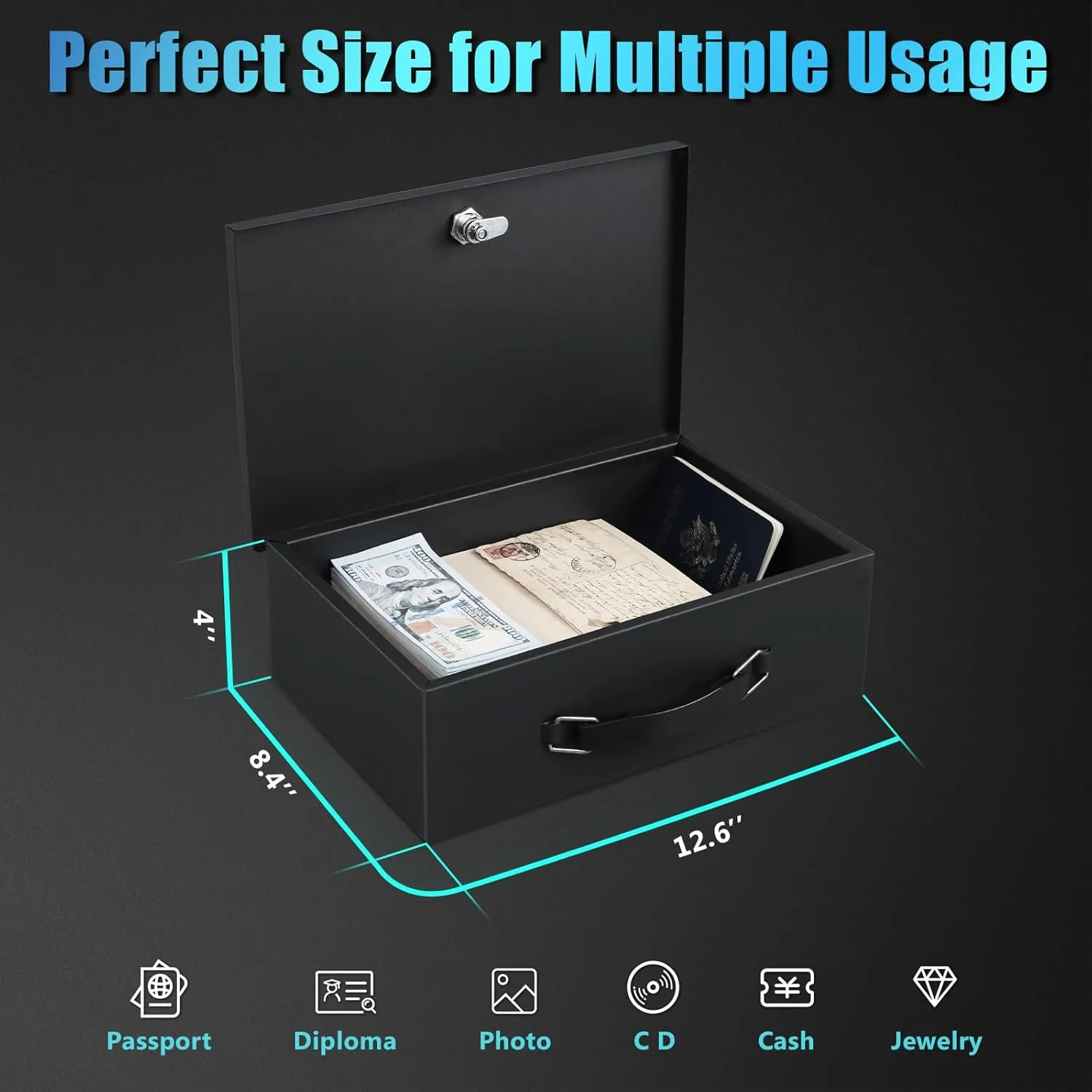 xydled Fire Resistant Safe Fire Safe Box with Key Lock for Home Office Security Storage for Valuables Documents,12.6 x 8.4 x 4 Inch,Black