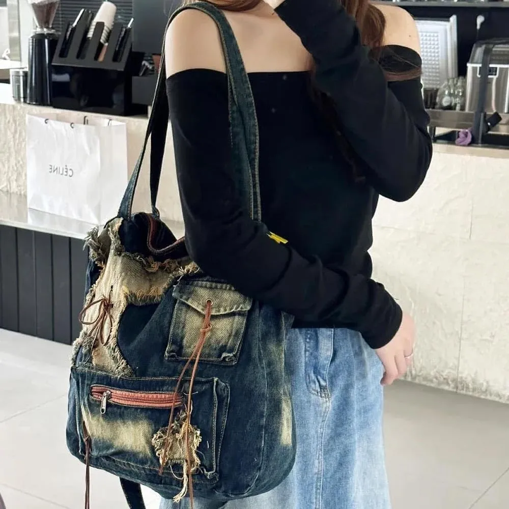 Y2K large capacity tote bag, spicy girl bag, retro shoulder bag, washed denim bag, casual women's bag