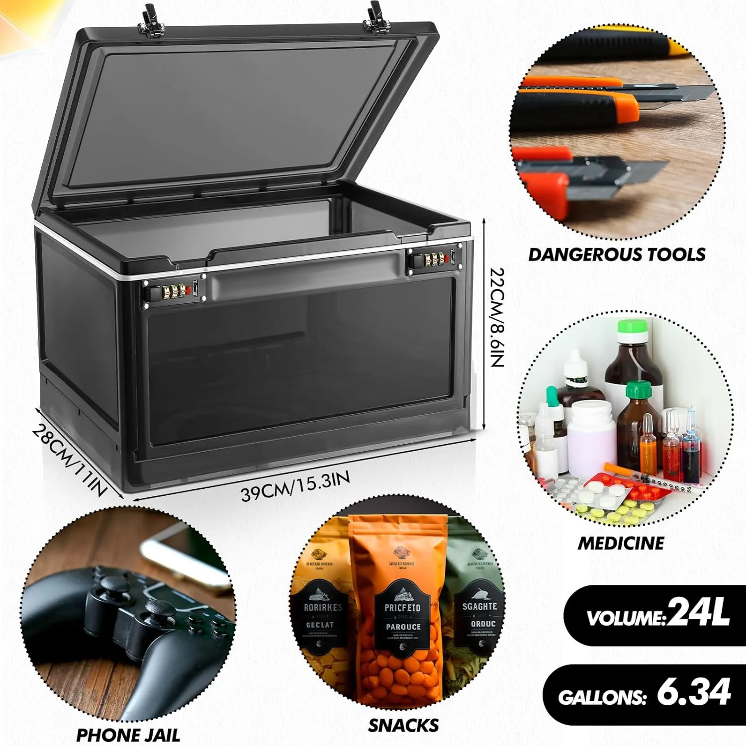 Yalikop 1 Pcs Large Lock Box Lockable Storage Box for Personal Item Medicine Combination Lock Lockable Storage Container for Office Locker School Snacks Phone Jail Home (Black and White)