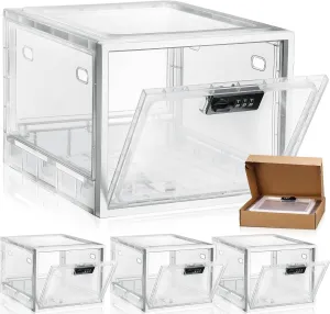 Yalikop 4 Pcs Large Medicine Lock Box Clear Lockable Medicine Storage Box for Safe Medication Refrigerator Food Transparent Organizer Bin Tablet Phone for Home Dorms Office Storage Lockers (White)
