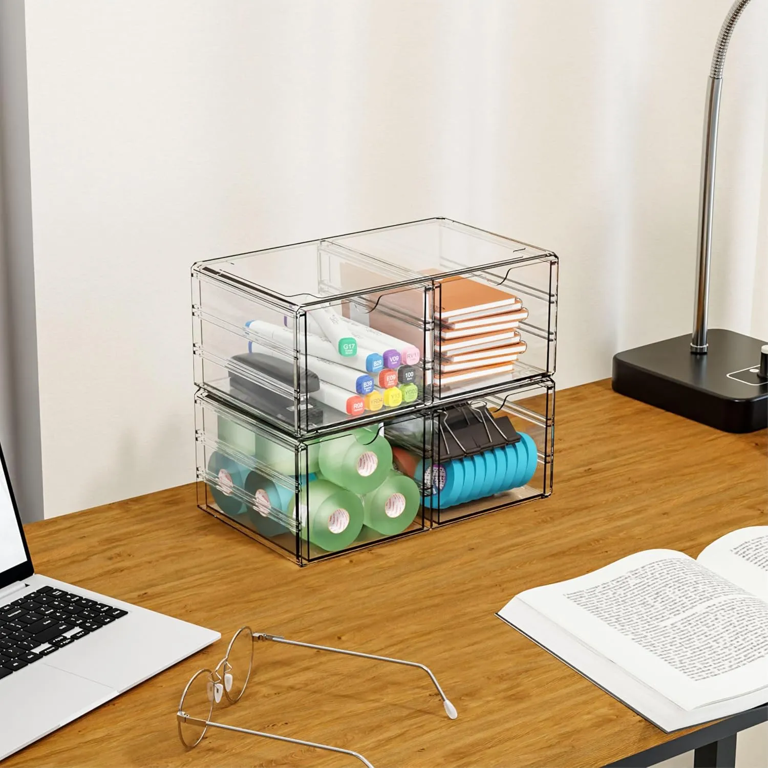 Yieach 2 Pack Acrylic Storage Drawers With 4 Drawers,Stackable Desk Organizers and Makeup Organizer,Large Clear Office Supplies Organizer for Pen,Medical,Art Craft,Stationery Organizer for Countertop