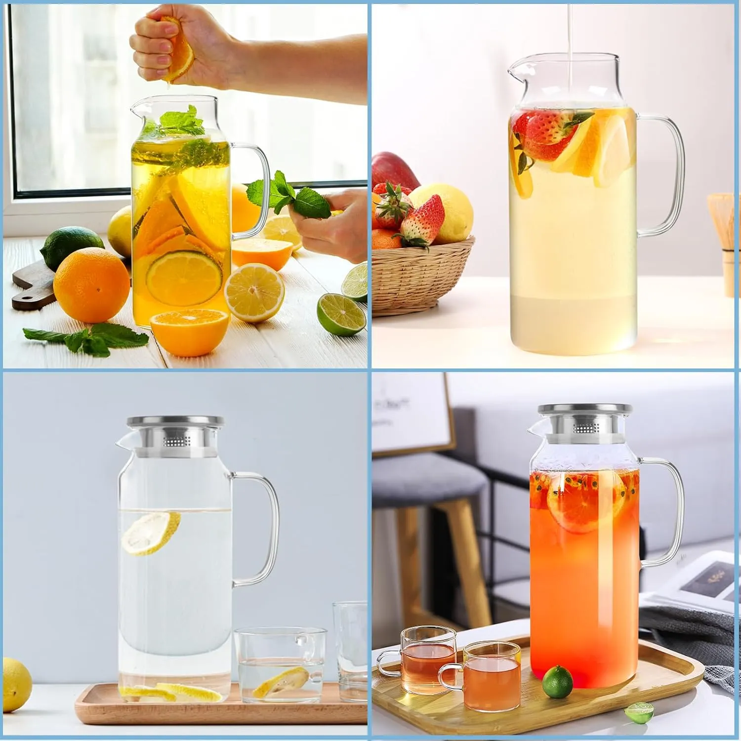 Yirilan Glass Pitcher, 2 Liter/68 OZ Water Pitcher with Lid and Spout, Large Pitchers for Drinks,Glass Water Carafe,Glass Jug,Beverage Pitcher. Transparent