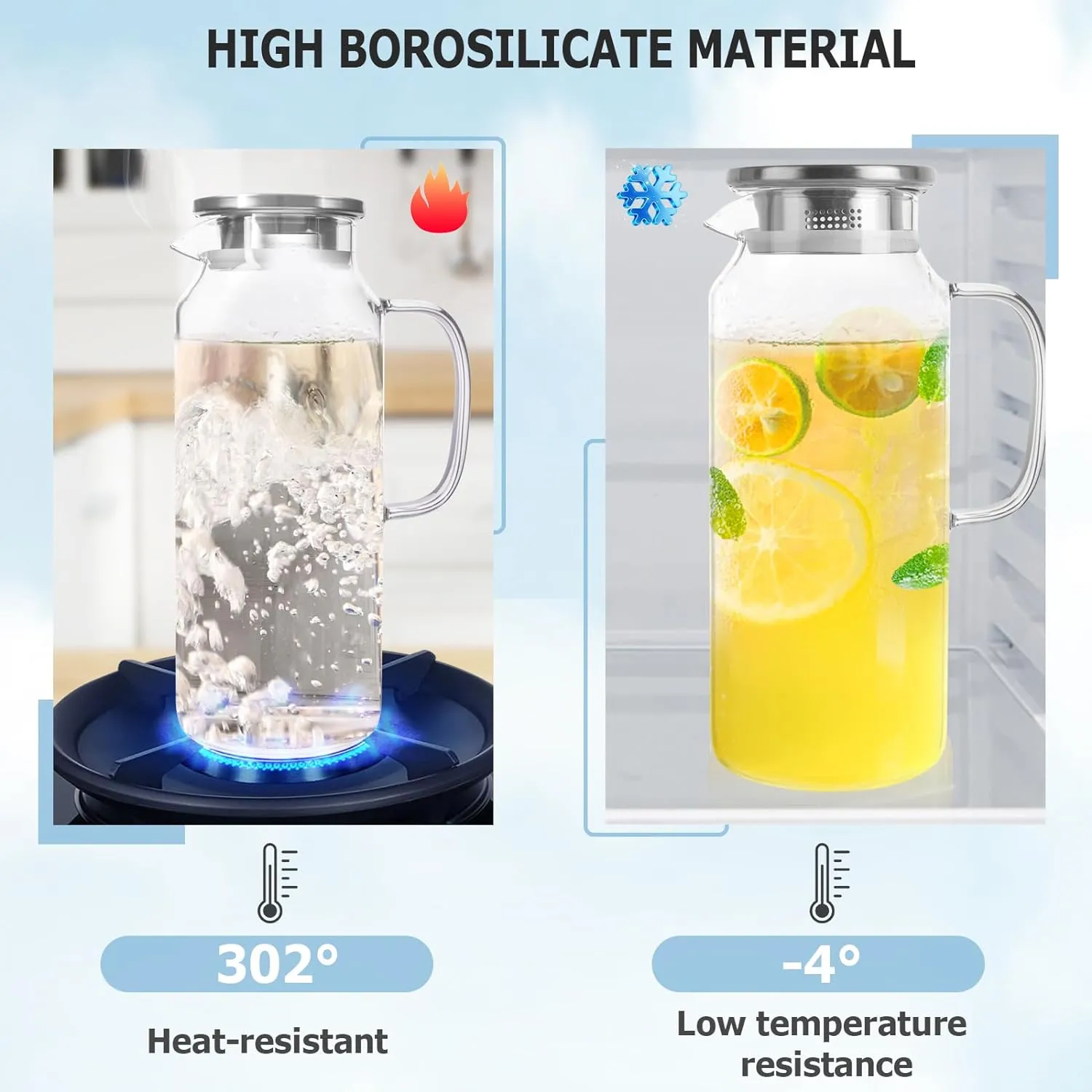 Yirilan Glass Pitcher, 2 Liter/68 OZ Water Pitcher with Lid and Spout, Large Pitchers for Drinks,Glass Water Carafe,Glass Jug,Beverage Pitcher. Transparent
