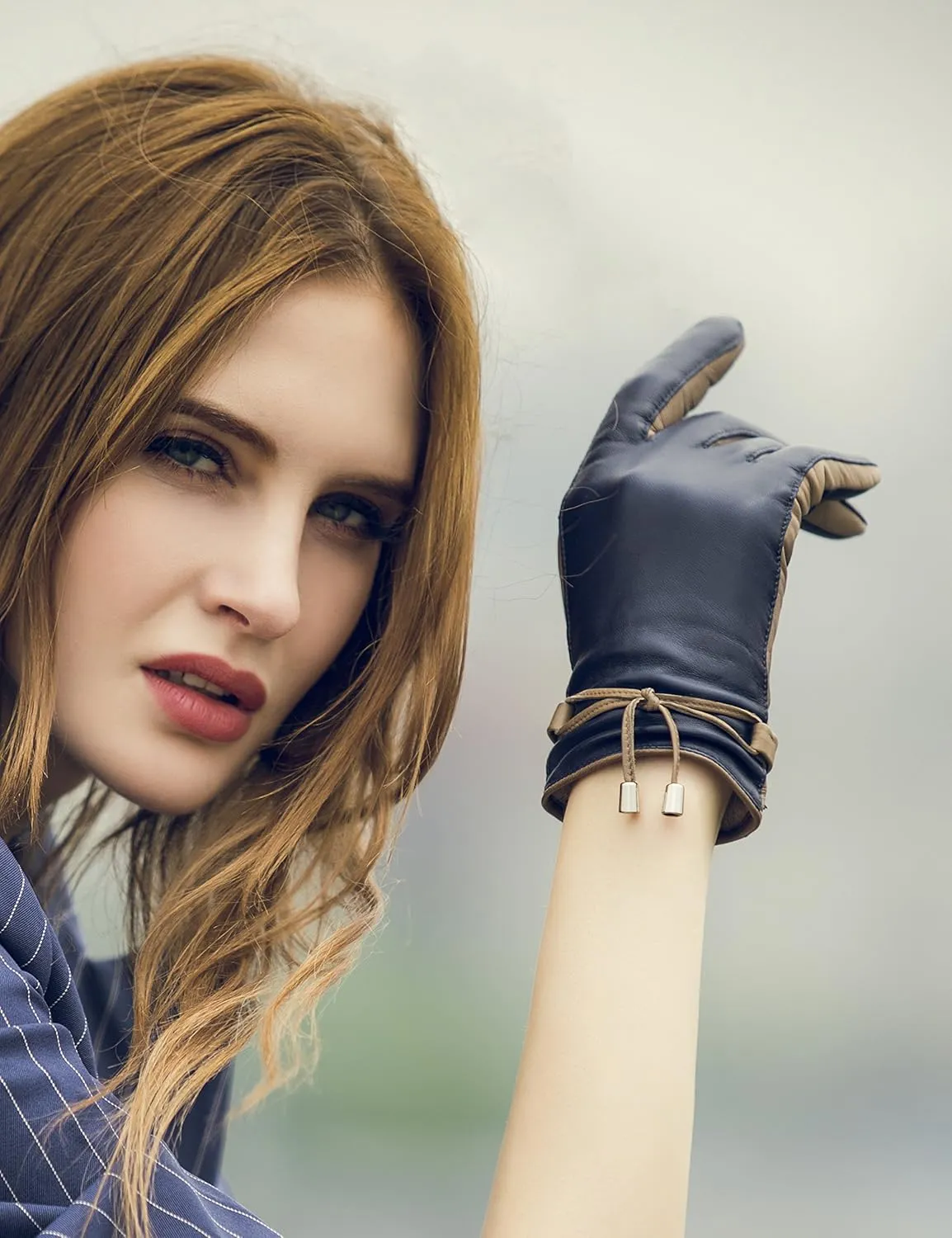 YISEVEN Women Sheepskin Leather Gloves Rope Knot