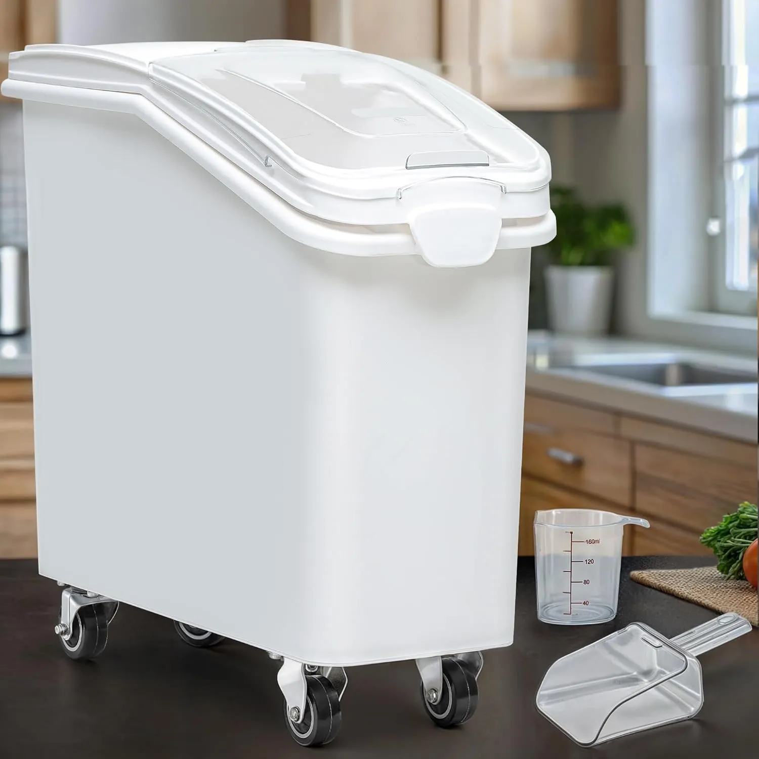 YITAHOME Large Ingredient Storage Bin, Commercial Rice Container With Wheels, Scoop, Lid and Scale - Bulk Flour Bin for Kitchen
