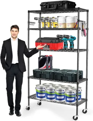 YNN Storage Shelves,1750Lbs 5 Tier Heavy Duty Metal Rolling Shelving Unit with Wheels & 8 Hooks, Adjustable Garage Wire Rack for Kitchen, Bathroom,Industrial,Pantry(36" W x 14" D x 72" H,Black)