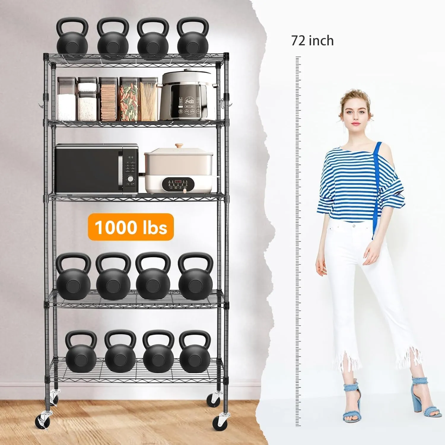 YNN Storage Shelves,1750Lbs 5 Tier Heavy Duty Metal Rolling Shelving Unit with Wheels & 8 Hooks, Adjustable Garage Wire Rack for Kitchen, Bathroom,Industrial,Pantry(36" W x 14" D x 72" H,Black)
