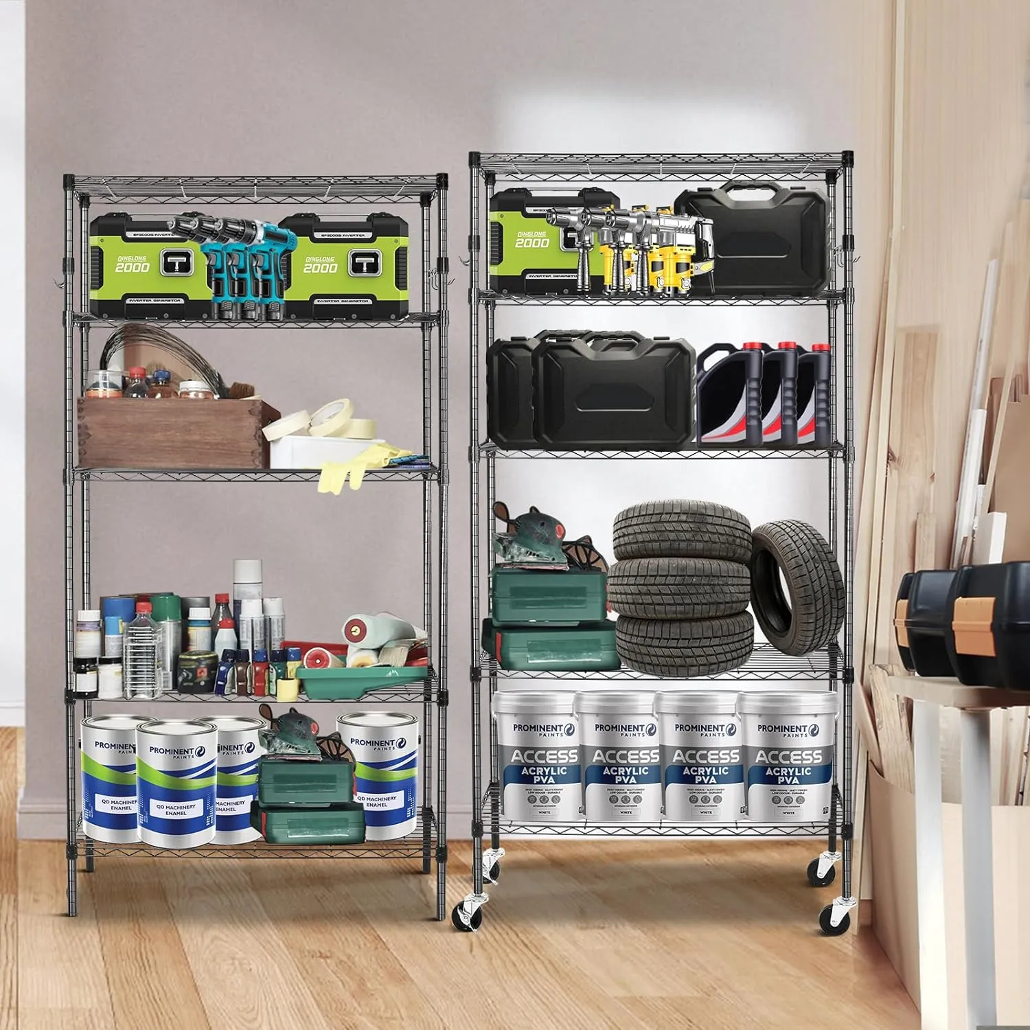 YNN Storage Shelves,1750Lbs 5 Tier Heavy Duty Metal Rolling Shelving Unit with Wheels & 8 Hooks, Adjustable Garage Wire Rack for Kitchen, Bathroom,Industrial,Pantry(36" W x 14" D x 72" H,Black)