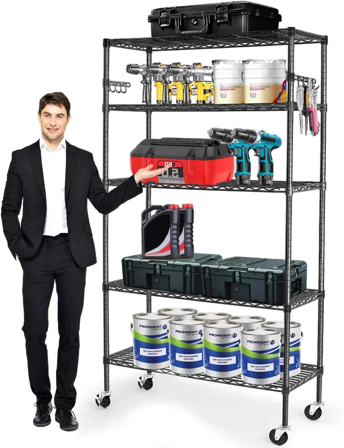 YNN Storage Shelves,1750Lbs 5 Tier Heavy Duty Metal Rolling Shelving Unit with Wheels & 8 Hooks, Adjustable Garage Wire Rack for Kitchen, Bathroom,Industrial,Pantry(36" W x 14" D x 72" H,Black)