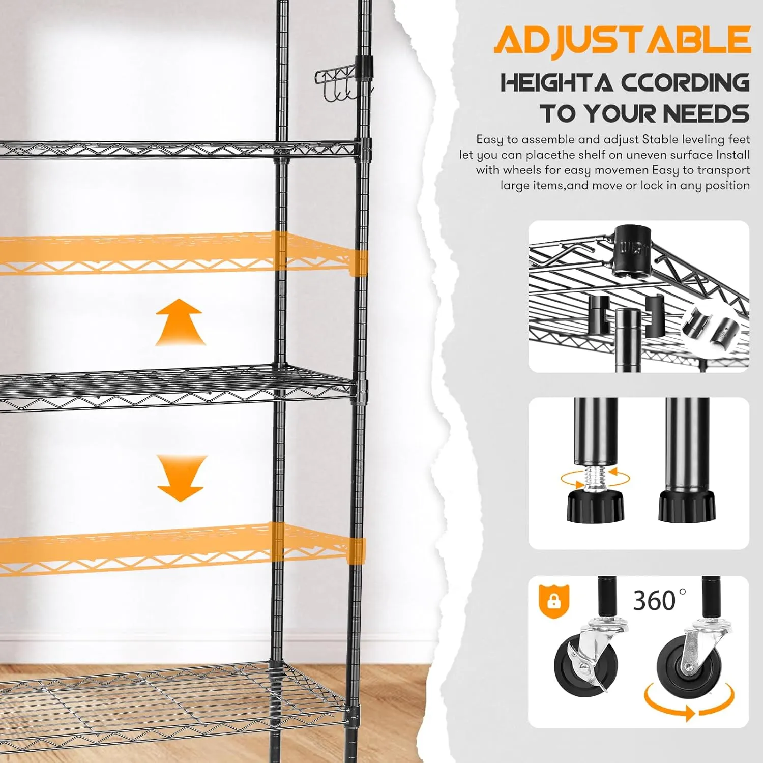 YNN Storage Shelves,1750Lbs 5 Tier Heavy Duty Metal Rolling Shelving Unit with Wheels & 8 Hooks, Adjustable Garage Wire Rack for Kitchen, Bathroom,Industrial,Pantry(36" W x 14" D x 72" H,Black)