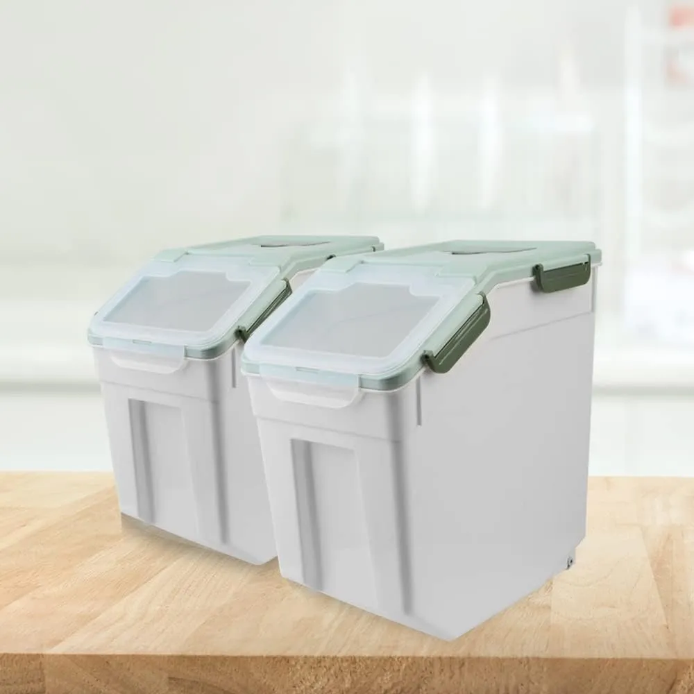 YXQ 25LB Large Flour Storage Container Bin ,2 Pack Airtight Plastic with Wheels Seal Locking Lid Dispenser Organizer Storage Bin with Measuring Cup & Scoop for Flour, Rice, Grain 50LBS Total
